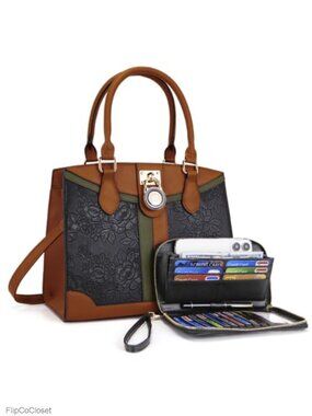 Vegan Leather 2-Piece Tote Handbag RFID Wallet Set Satchel Shoulder Bag